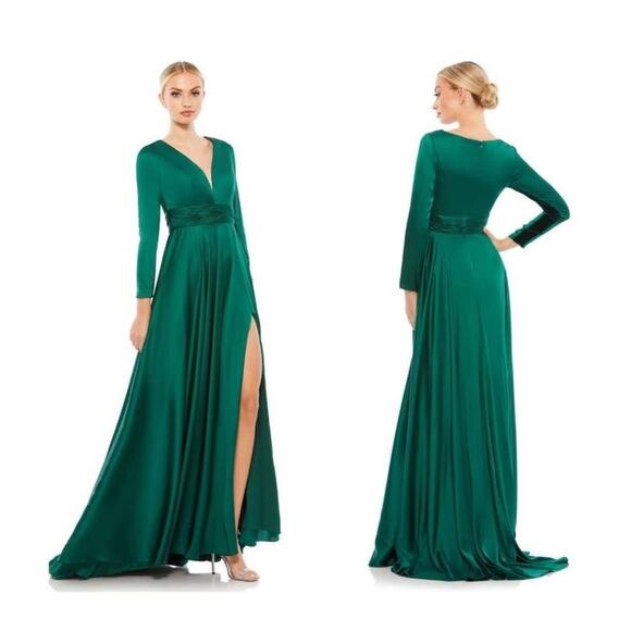 Mac Duggal Size 14 Long Sleeve Ruched Waist A Line Gown 55245 Emerald Green NWT - Picture 1 of 8